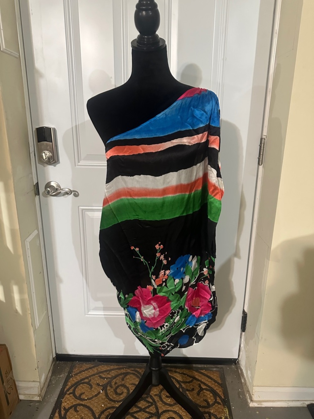 bebe One-Shoulder Black Multi-Color Striped Floral Tunic